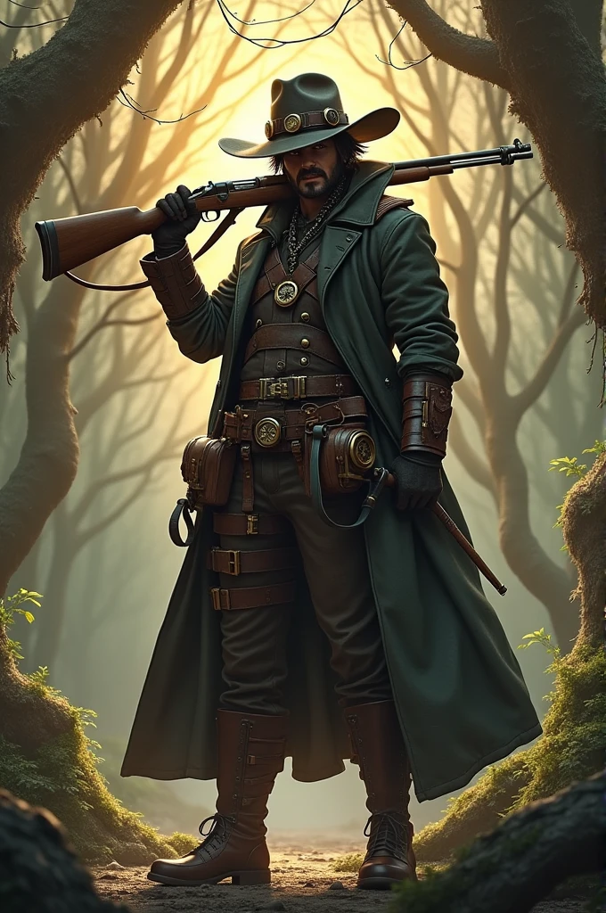 steampunk,warrior,Rifle bayonet,Tree equipment long coat