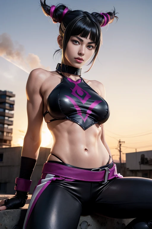 score_9, score_8_up, score_7_up, score_6_up, h3wl3tt, naked girl, Juri Han, sitting on a tank, big tank, purple eyes, black hair, bangs, hair horns, multicolored hair,streaked hair, makeup, lipstick, leaning forward, very cute body, slim body , wild face, dashing smile, wild pose, skinny slender girl, Spread legs, spread legs , leaning forward , tank with graffiti paint, Purple tank, tilted head, fingerless gloves,multiple belts, collar, spiked bracelet, aqua nails, chaps, baggy pants,toeless legwear,jacket, tank cannon pointing at viewer, warfare, on a battleground, smoke, soldier uniform, helmet, illustration style, comic book cover style, low perspective, dramatic angle. Title says ""Juri Han""
