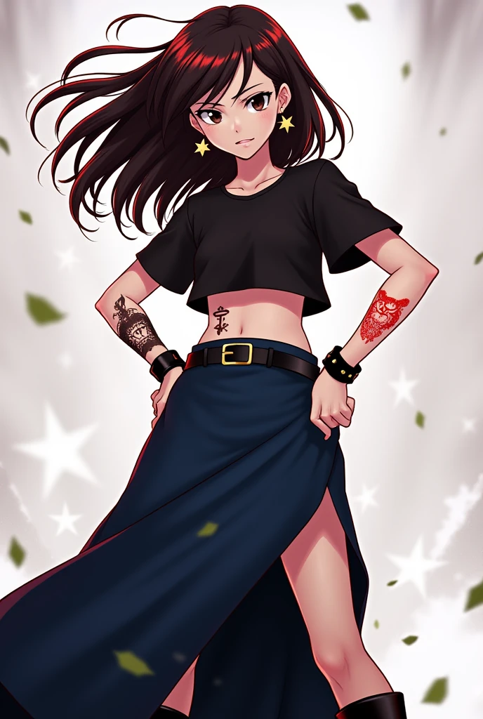 -Anime style Nanatsu no Taizai -Girl with light skin, dark brown hair with red, dark eyes, high - Clothing: Black cropped t-shirt, dark blue long skirt, black boots, 
- Accessories: star earrings, black bracelets on both arms, belt - He has scars on his arms - He has a tattoo on his right hand of an owl, Red color - Weapon: Lanza