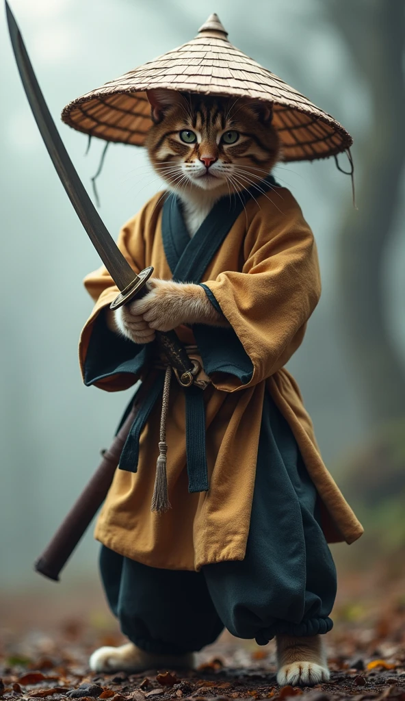 Create an image of a cat standing upright in traditional East Asian attire, wearing a wide bamboo hat on the head, wielding a sword with its right paw extended forward in an assertive stance ( Close-up of the face ), set against a misty backdrop to convey an atmosphere of ancient martial arts mastery.
