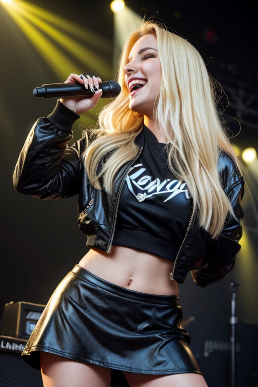 Beautiful 24 year old blonde, female singer, Lolalove, black lingerie, bomber jacket, square skirt, concert, heavy metal band, flash light, realistic, Highly detailed, analog style, deep neckline, full body, cute pose, Laughing out loud