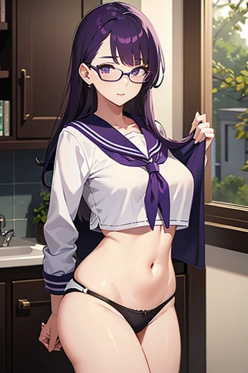 Sailor, Mature Woman, masterpiece, Undressing,((Purple Hair)),Glasses