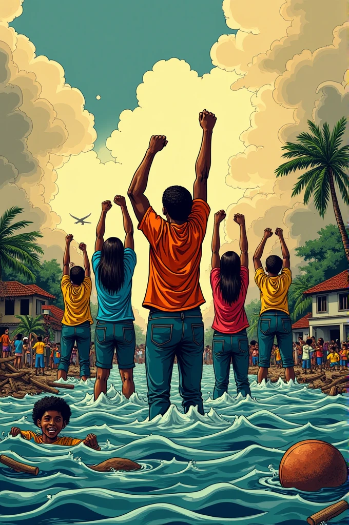 Create a reinterpretation of the cherge " We want to vote" from Henfil 1978, addressing the issue of the tragedy that occurred in Rio Grande do Sul caused by the flood 