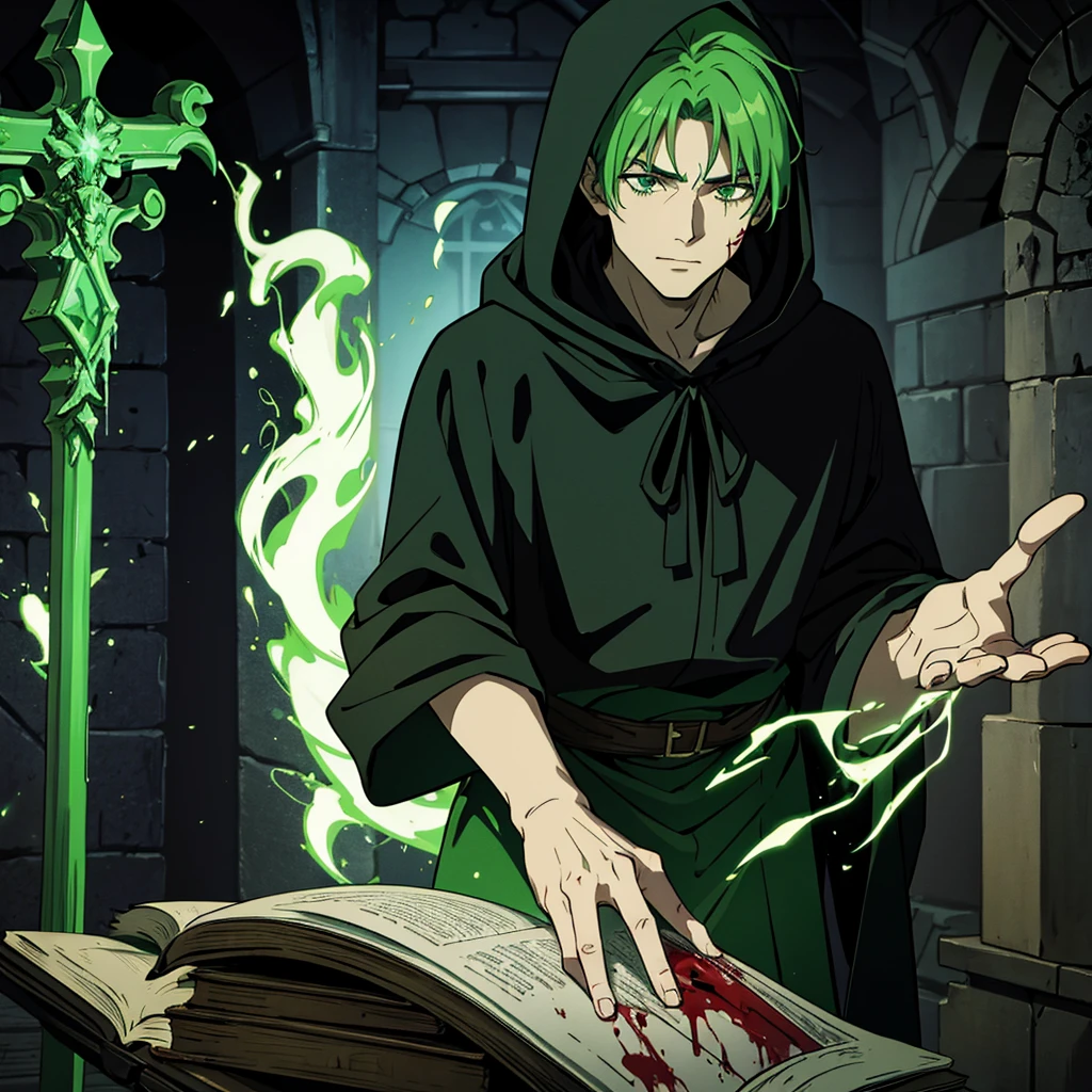 A green-haired necromancer man wearing a black hooded cloak and sacrificing blood in a black magic ritual