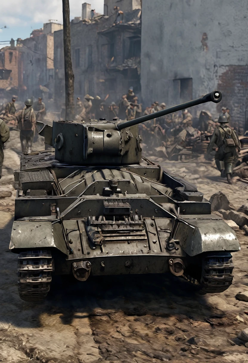 a highly detailed, hyperrealistic 1940s german panzer tank in a gritty, war-torn battlefield, military vehicle, metal, steel, worn armor, treads, camouflage, smoke, debris, rubble, cloudy sky, moody lighting, dramatic composition, cinematic, (best quality,8k,highres,masterpiece:1.2),ultra-detailed,(realistic,photorealistic,photo-realistic:1.37),intricate machinery, precise details, war, military, combat, historical, World War II