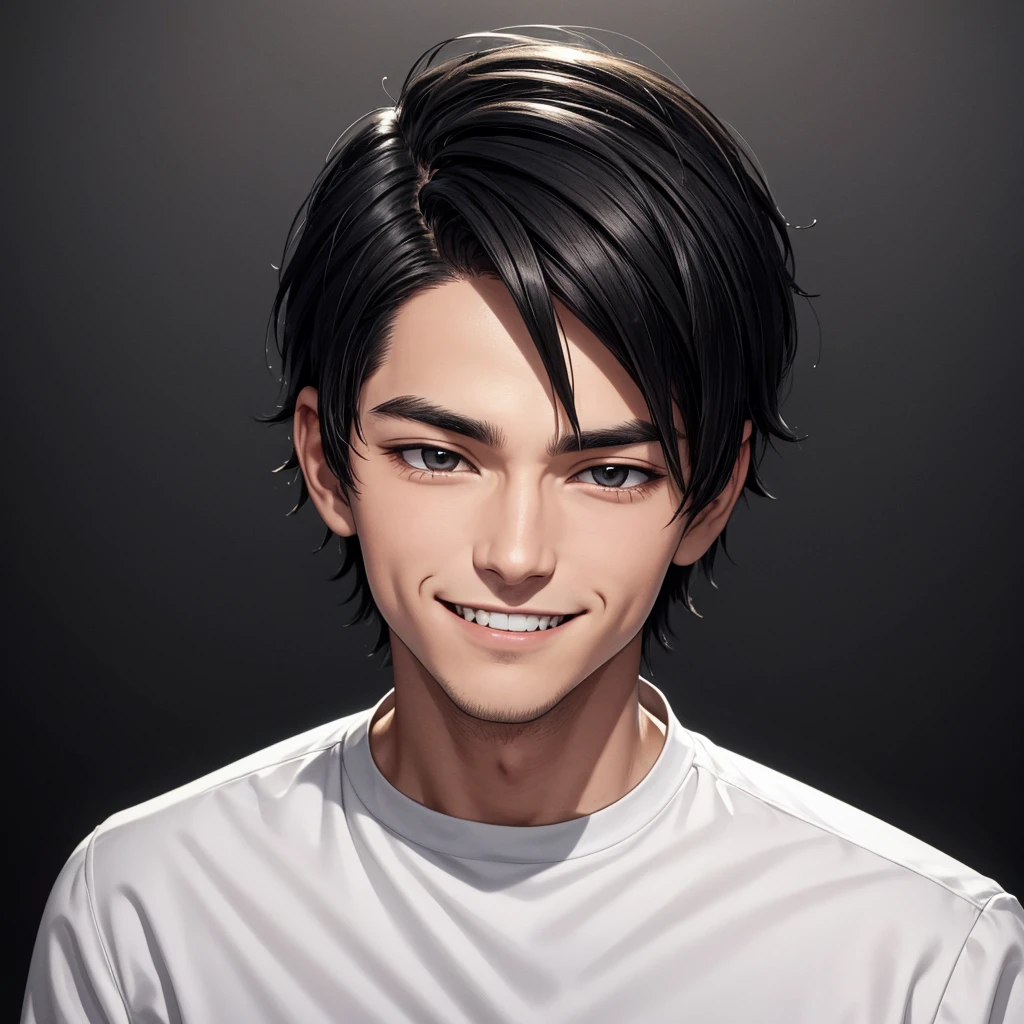 A man with short black hair holds his right cheek and blinks his left eye while smiling. He has small fangs..wearing a black toxedo and a white shirt with gold stripes, seen from the left, you can see from the top of his hair that he is alone, against a white background