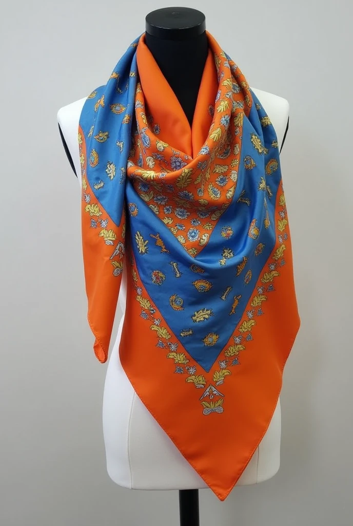 Square silk scarf，A blue silk scarf，Orange-embellished bank employee scarf
