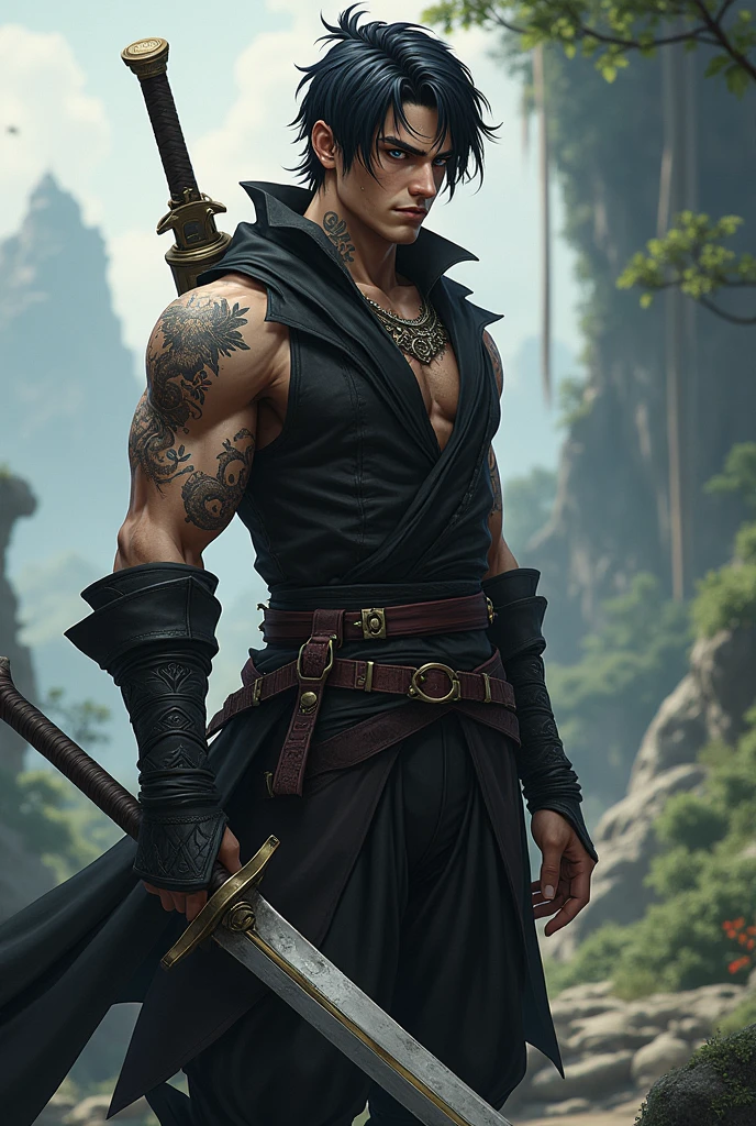 man, 25 years old, black hair, old eyes, dark clothes, swordsman, 6.0 tall, tattoos and piercings, Genshin Impact Game Features