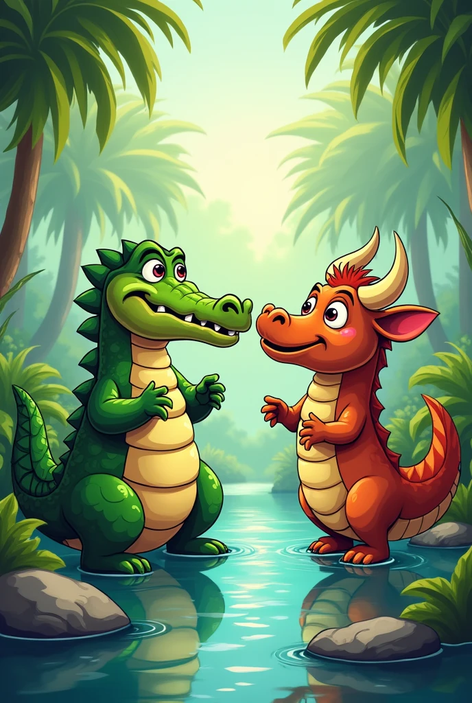 The Arrogant Crocodile and a kindfull Carabao in a cartoon style and creativity 