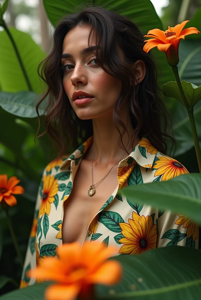 A Brazilian woman in a lush tropical garden, wearing an open shirt with a floral print, with a close-up capturing the harmonious beauty between her breasts and the natural flowers, showing off your natural charm and outgoing personality.