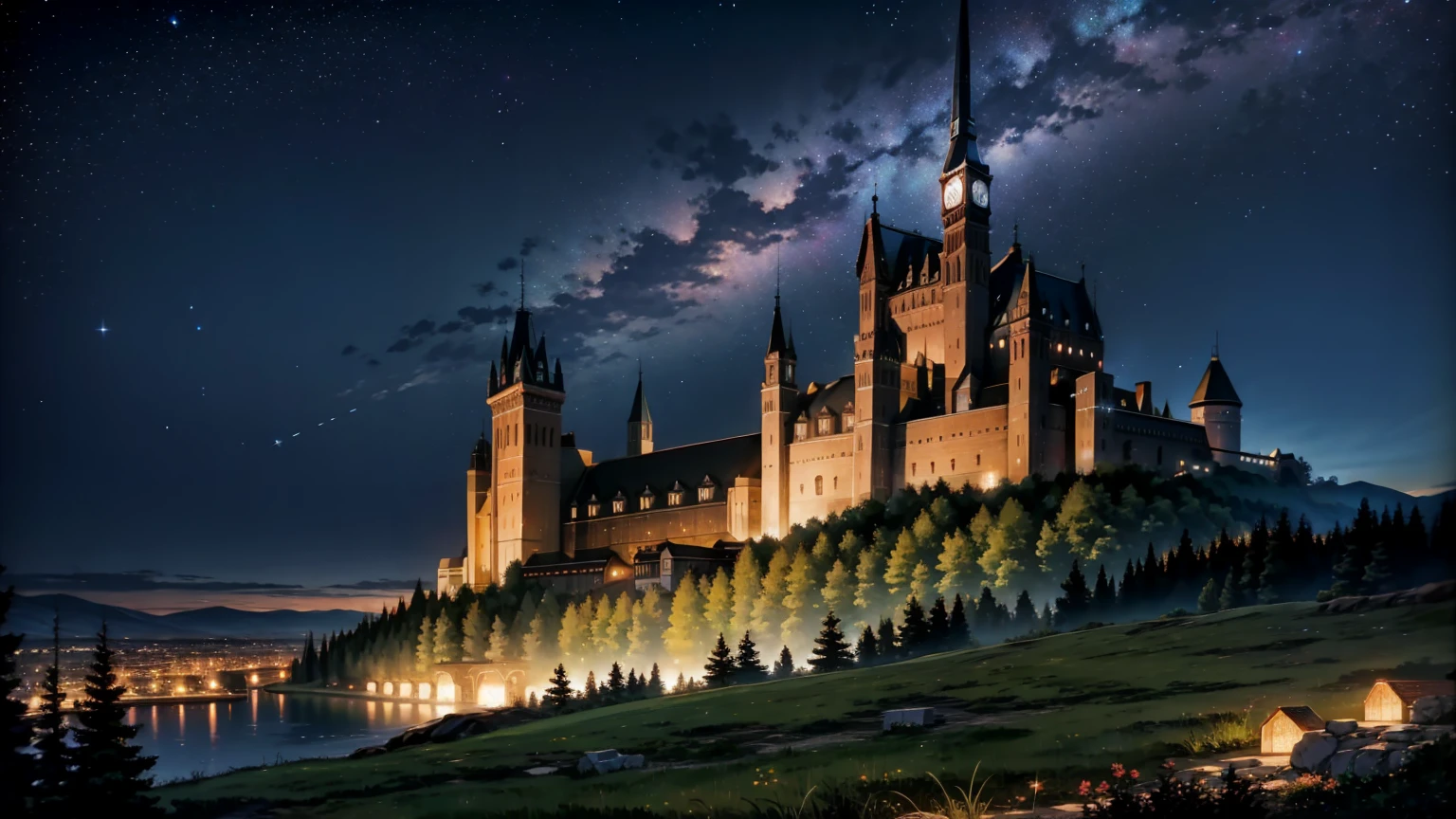 middle ages Fantasy Big town Night view Starry Sky