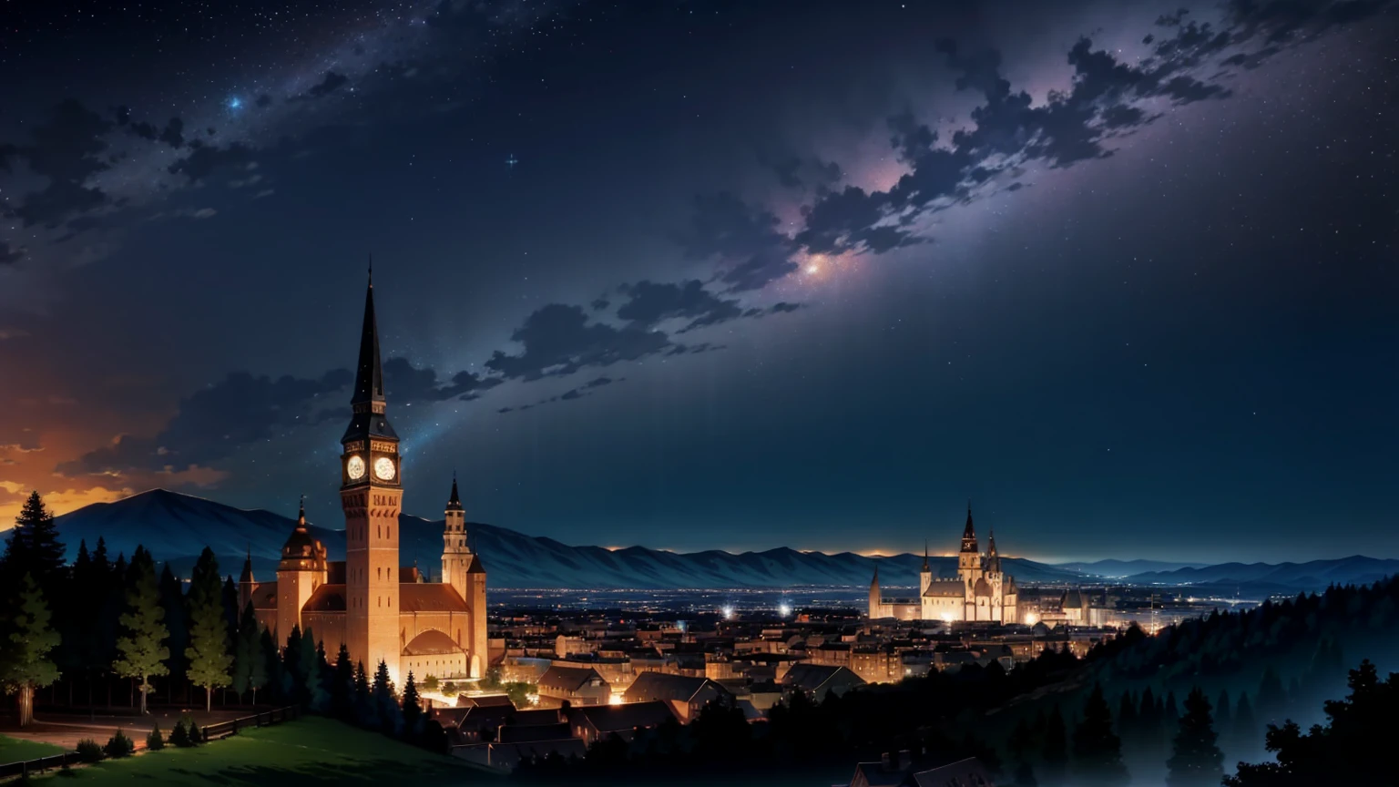 middle ages Fantasy Big town Night view Starry Sky