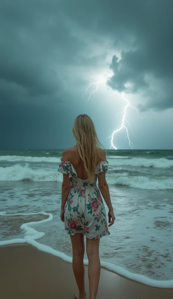 woman in the middle of a storm, strong winds, short floral dress, beach, lightning in cloudy sky, blonde woman, 20 years old,