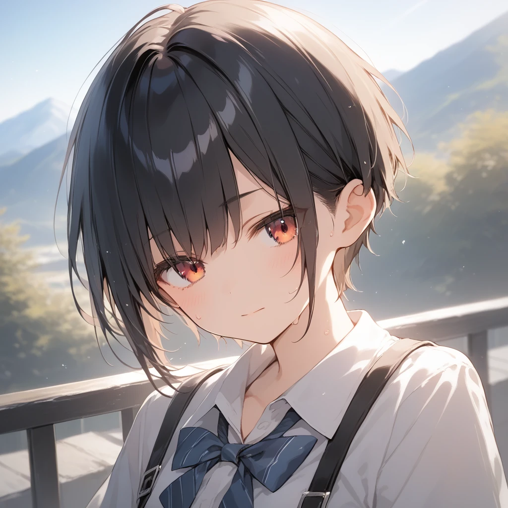 score_9, score_8_up, score_7_up, source_anime, best quality, masterpiece, official art, absurdres, highres, ultra-detailed,waifu2x,Collection: Pixiv 1000,break,1girl, tomboy, school girl, very short hair, pixie cut, small breasts, slender, thighs, beautiful detailed eyes, expressionless, sweat, sleepily, (disgust:0.3), mountain, outdoors, break,(clear line illustration:1.2), super detailed skin, shiny skin, very high resolution, very aesthetic, Best sexual lighting powered by famous artist, 4k, 8k, 16k, cute picture, beauty illustration,photoshop_(medium),,(Detailed Lighting),best anime 8k konachan wallpaper, pixiv contest winner,