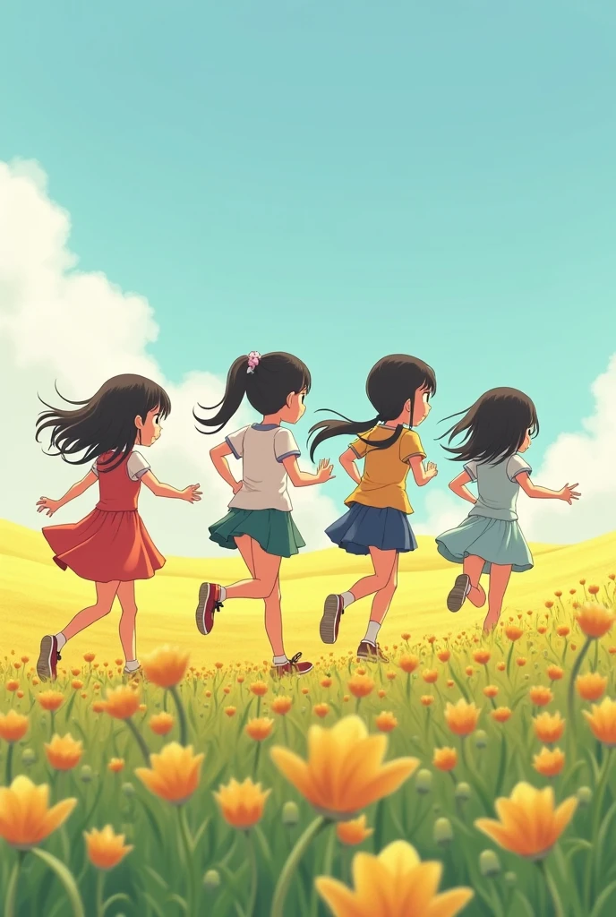 Four Asian girls running in a field of flowers
