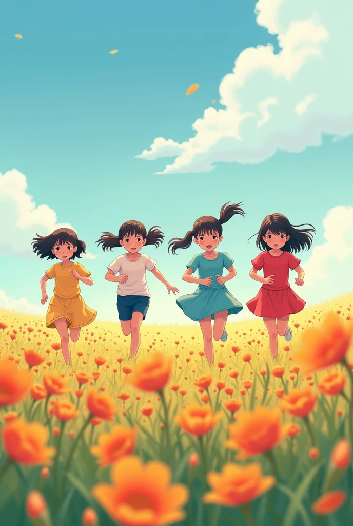 Four Asian girls running in a field of flowers 