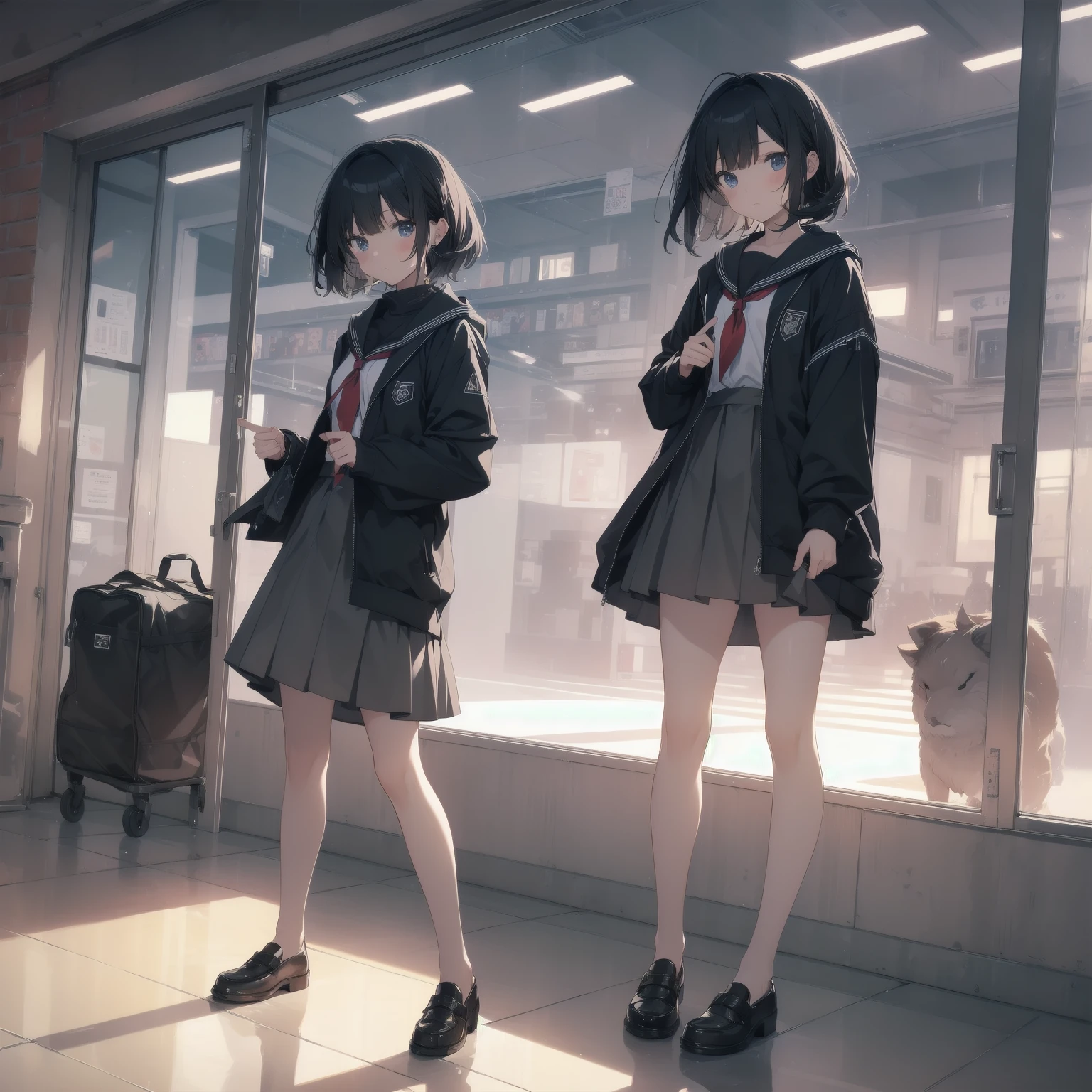 ultra-absurdres-Top quality by artist God, ultra-detailed, high resolution, anime moe artstyle, best anime 8k konachan wallpaper, pixiv contest winner, pool:2810, perfect anatomy,break, 1girl, (Please draw a girl walking sleepily to school alone. )break,(Solo,little female, 13-year-old:1.3),Full limbs, complete fingers,a junior high school student, (very short hair), short cut, flat chest, , small butt, small black eyes, beautiful detailed eyes, well-proportioned iris and pupils, expressive eyes, highres detailed hair, soft expression, salor school_uniform, sailor collar, serahuku, bow, pleated skirt,(Detailed Lighting), (Detailed background), in the School commute route. break,super detailed skin, Best cinematic lighting powered by famous artist, 8k,beauty illustration,photoshop_(medium),very aesthetic,break,((artist:ayu_(mog) )), artist:clamp ,artist:carnelian ,artist:kantoku ,
