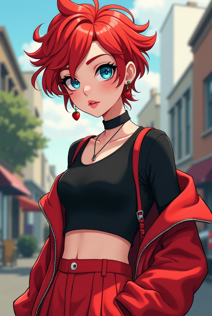 Make me a 17 year old femboy,white with red hair in fluffy style go out,blue eyes is black,with a strawberry earring ,a nose piercing with a collar necklace a red flared skirt and a black crop top in 2d style