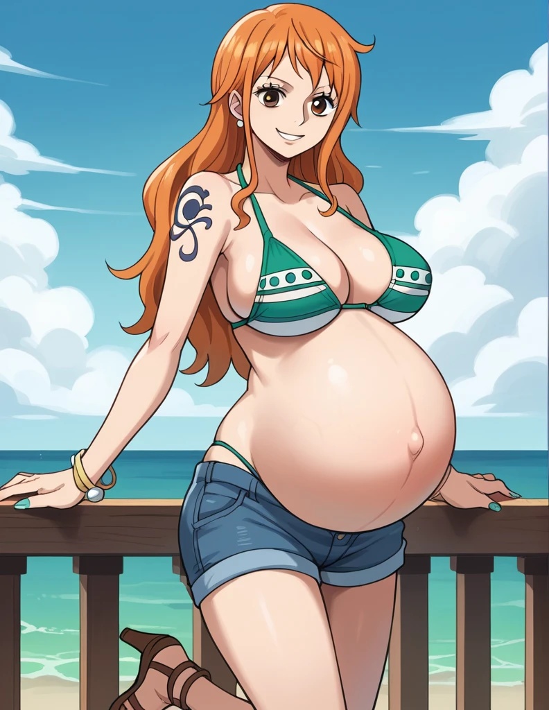 score_9, score_8_up, score_7_up, source_anime, best quality, clear face, 1girl, nami, NAAmi, orange hair, blue eyes, large breasts, shorts, cleavage, smile, looking at viewer, sky, standing, pregnant belly, huge belly, belly, bikini, panties, Brown heels, aqua nails