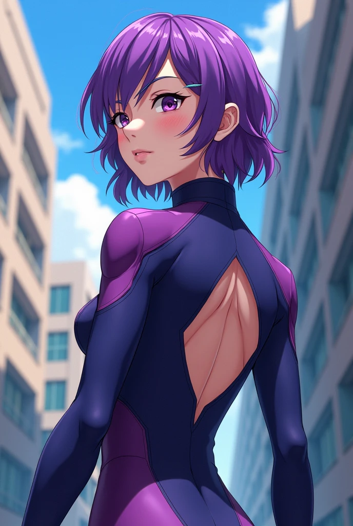 Create a Boku no hero academia student with purple hair and eyes of another color with a piercing in the eyebrow and a hero suit that has an open back and is in shades of purple and blue. 