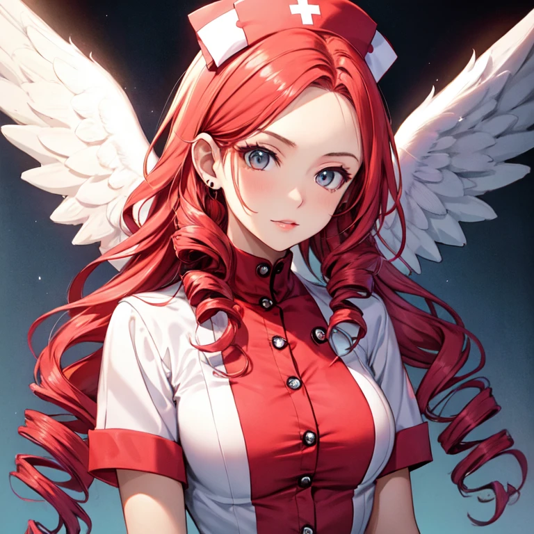 Cute Girls　Gothic Nurse Clothing　Red hair　Drill Hair　真front　Angel&#39;s wing　Devil&#39;s Tail　tooth　Background white　Upper Body　　One person　front　Big Tits　smile　garter belt　Patsunpatsun