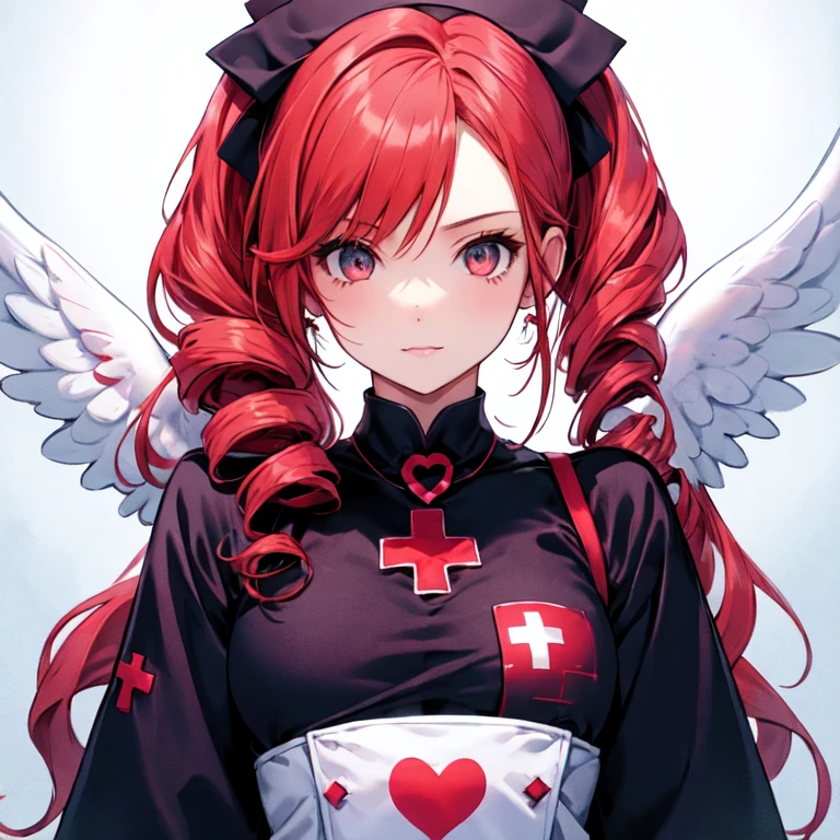 Cute Girls　Gothic Nurse Clothing　Red hair　Drill Hair　真front　Angel&#39;s wing　Devil&#39;s Tail　tooth　Background white　Upper Body　　One person　front　Big Tits　smile　garter belt　Patsunpatsun