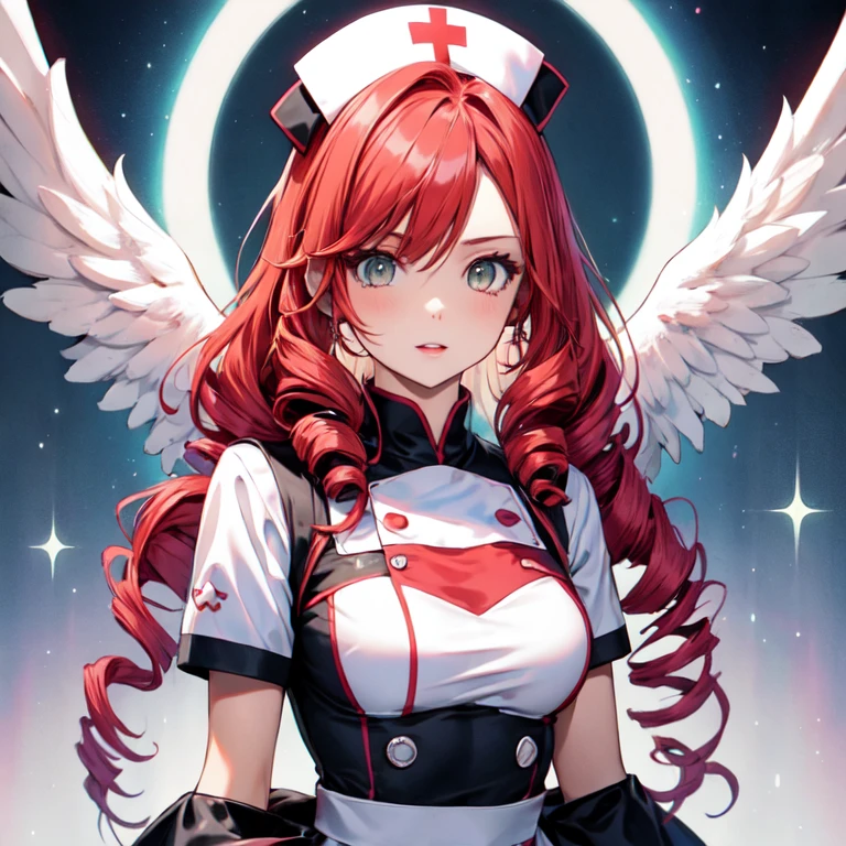 Cute Girls　Gothic Nurse Clothing　Red hair　Drill Hair　真front　Angel&#39;s wing　Devil&#39;s Tail　tooth　Background white　Upper Body　　One person　front　Big Tits　smile　garter belt　Patsunpatsun