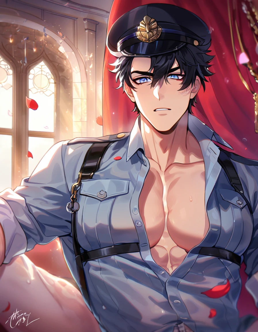 absurdres, highres, ultra detailed, HDR, master piece, best quality, Wriothesley, black hair, expressive blue eyes, Genshin Impact, solo, sexy man, handsome, horny, lewd, black police officer clothes, unbuttoned shirt, black hat, fantasy, police station, window, petals, flowers, room, red curtains, Nu Carnival