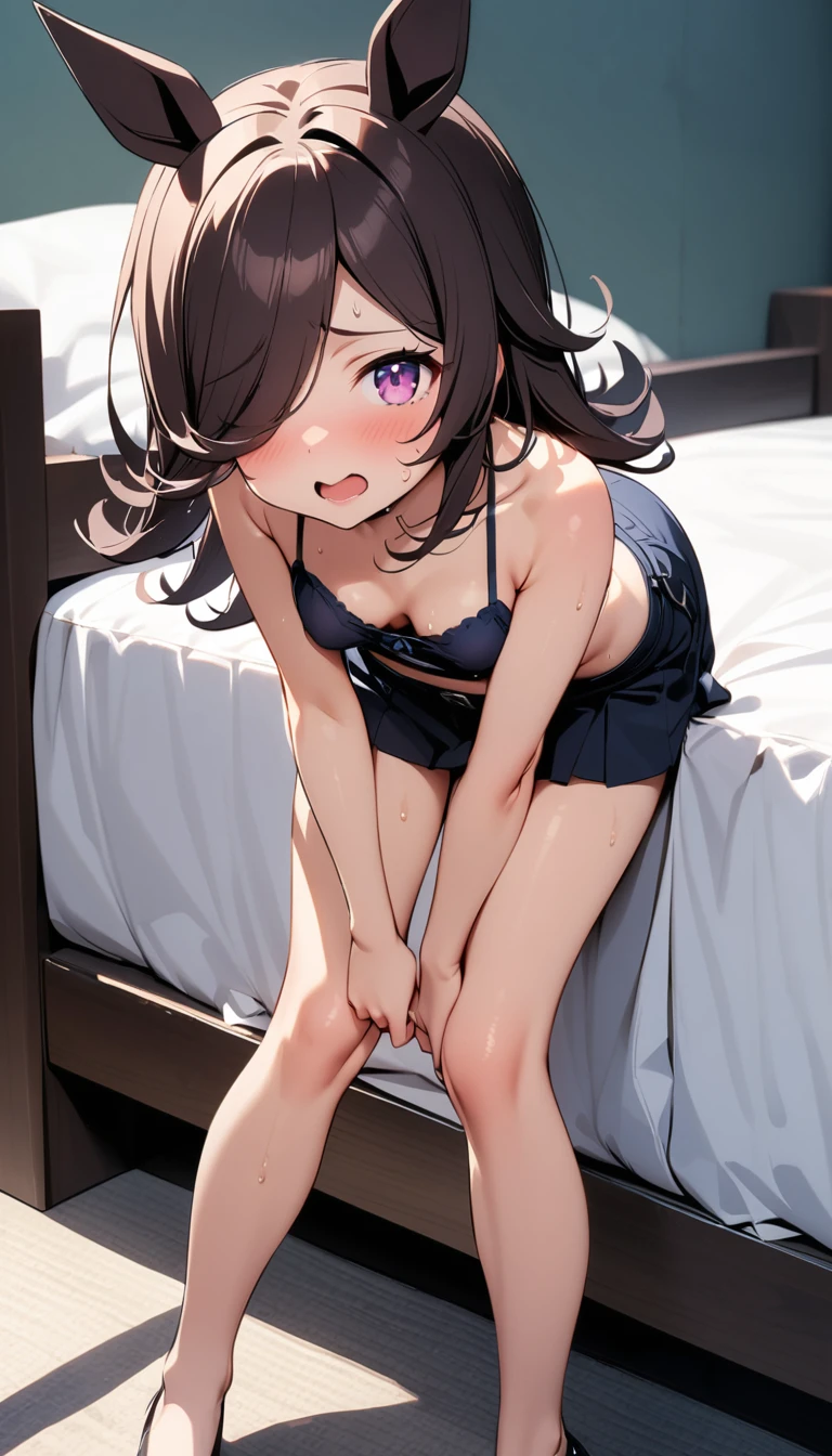 [One girl, Rice Shower \(umamusume\), umamusume],masterpiece,best quality,high resolution,nsfw,sweat embarrassed,full body on the bed leaning forward,small breasts,((nipple slip fromcrop top)),clothed,