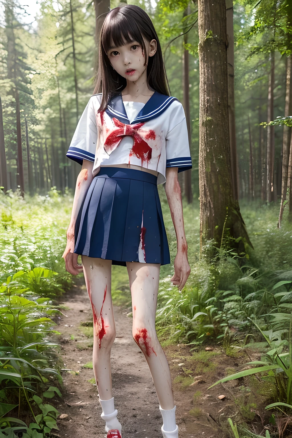 (8K、RAW Photos、highest quality、masterpiece:1.2), (Realistic、Photorealistic:1.2), (High resolution skin:1.1), Beautiful young girl,japanese, 11 years old,small breasts,(Slender girl:1.4),(Thin legs:1.5),dark blue mini skirt,sailor suit, White  socks, Short sleeve,sneakers, whole body,forest,standing,(dirty:1.2),(wounds,bloody legs:1.5)