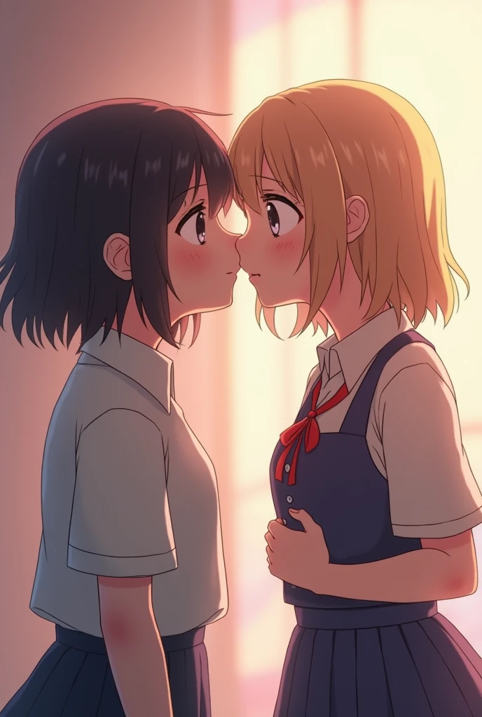 A shy high school girl is about to kiss someone softly、A single image without depicting the other person