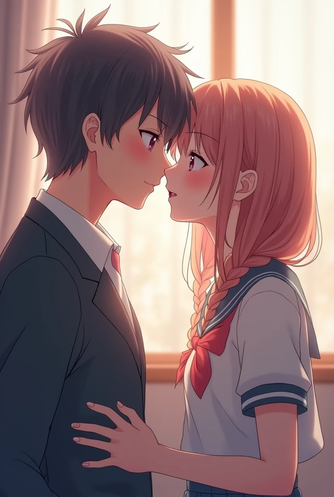 A shy high school girl is about to kiss someone softly、A single image without depicting the other person