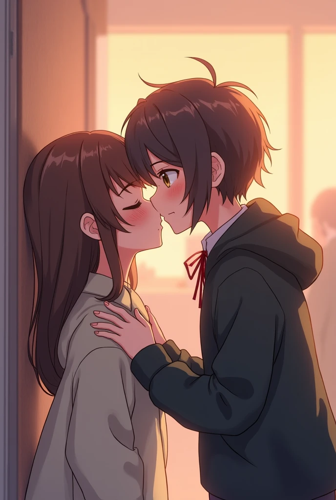 A shy high school girl is about to kiss someone softly、A single image without depicting the other person