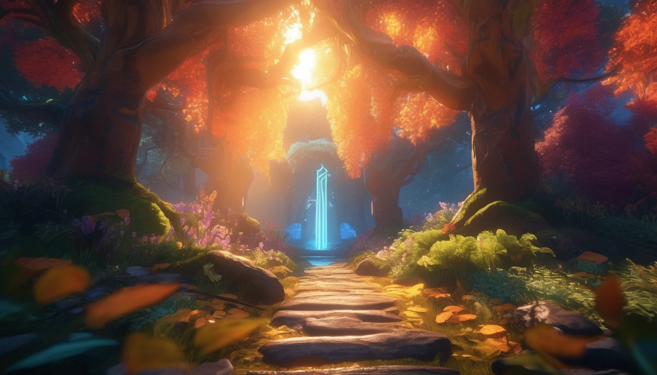 (anime, fantasy, portal), (best quality, high resolution, HDR:1.2),vibrant colors, mysterious atmosphere, magical portal, mystical creatures, enchanted forest, glowing runes, ethereal light, fantastical landscapes, detailed landscape, antialiasing, unreal engine