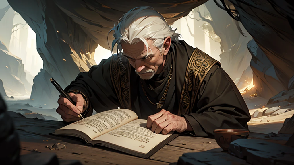 a elderly man writing on a scroll in a cave, detailed portrait, detailed facial features, realistic wrinkled skin, detailed hands holding the scroll, dramatic lighting, chiaroscuro lighting, dramatic shadows, moody atmosphere, warm color tones, natural cave environment, detailed rock textures, mossy details, best quality, 8k, high resolution, masterpiece, ultra-detailed, realistic, photorealistic