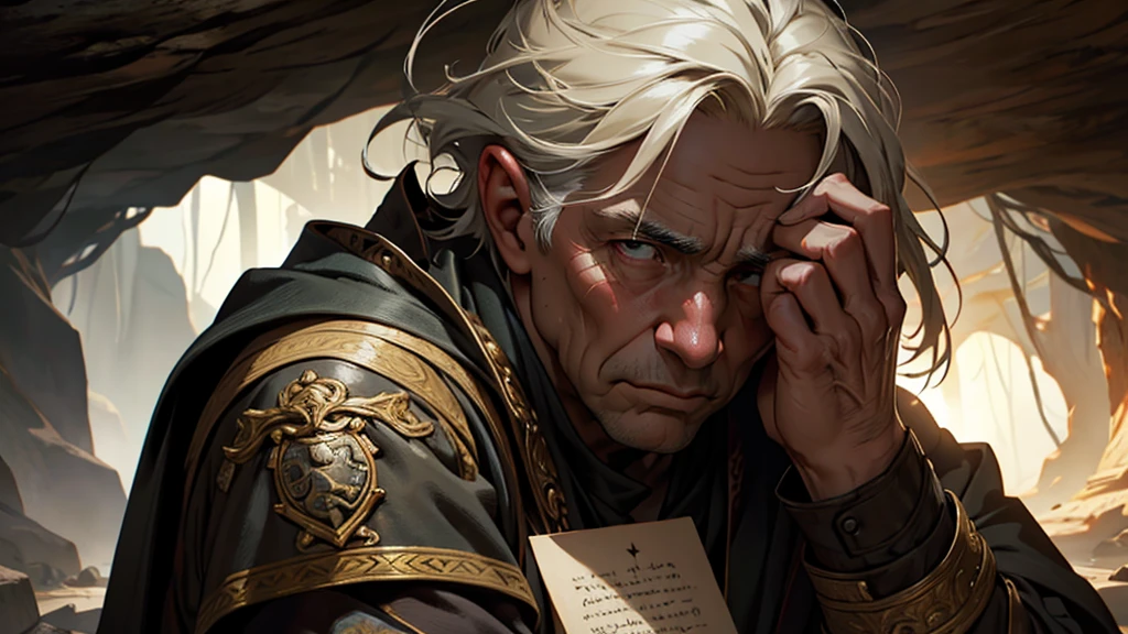 a elderly man writing on a scroll in a cave, detailed portrait, detailed facial features, realistic wrinkled skin, detailed hands holding the scroll, dramatic lighting, chiaroscuro lighting, dramatic shadows, moody atmosphere, warm color tones, natural cave environment, detailed rock textures, mossy details, best quality, 8k, high resolution, masterpiece, ultra-detailed, realistic, photorealistic