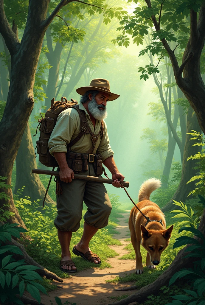 The Man now works in the forest,and the dog looks for food for the 2