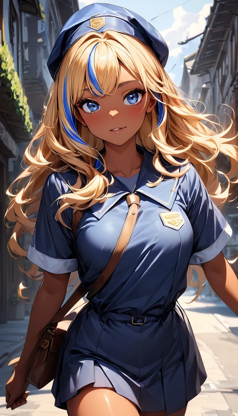 (highest quality:1.2, Very detailed, up to date, Vibrant, Ultra-high resolution, High Contrast, masterpiece:1.2, highest quality, Best aesthetics), Portraiture、girl、(slim:1), long hair, ((wavy hair:0.6))、messy hair, blonde and blue ((streaked hair:1.3)), highlights hair: 1.3, blue eye, medium breast, (tan skin:1.3), mailman blue costume, Bright colors、Beautiful fine details、Beautiful lip detail、shoulder mail bag, mailman blue cap, , town, running, (cowboy shot:1.5), look at viewer