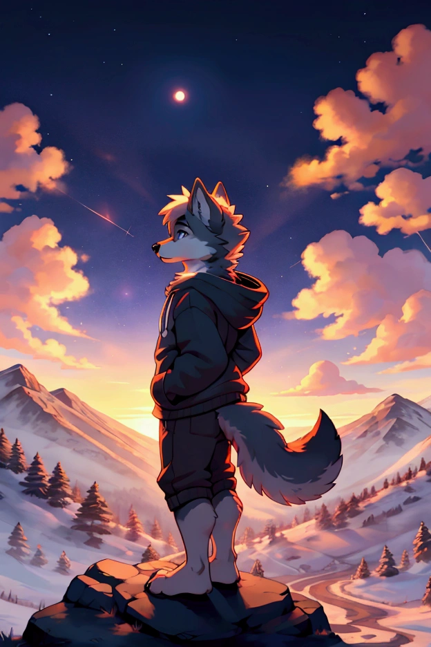  a complete body, Anthropomorphic wolf wearing a hoodie looking at the stars on a hill at sunrise with a city background
