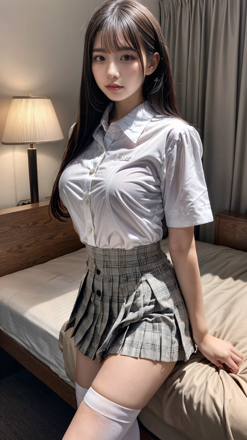 (8K, RAW Photos, Highest quality, masterpiece:1.2), (professional photography, full colors, studio-caliber color grading), (Gravure quality for high-end fashion magazines),  BREAK,18 year old girl, (boyish:1.15), (mannish:1.1), Big Natural Color Lip, Plumpy body, (smooth skin:1.1), (huge breasts:1.0),  BREAK (school uniform:1.2), ((loose style, tucked out tops):1.2), (fusion of oversized white tunic and white collared-shirt with untucked:1.4), (short sleeve:1.3), (button-up:1.4), (black and gray plaid pattern pleated mini skirt:1.2), (thigh skin:1.4), (socks:1.2), (loafers:1.1), BREAK hotel room
