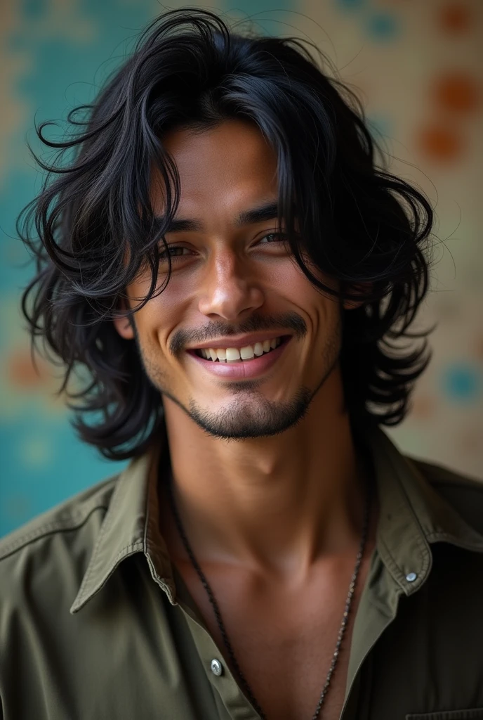 A tall man with long hair, slightly wavy and black at shoulder length. He usually keeps it untied. Its prominent features are its two sharp canine teeth., which gives him a wild attitude when he smiles.