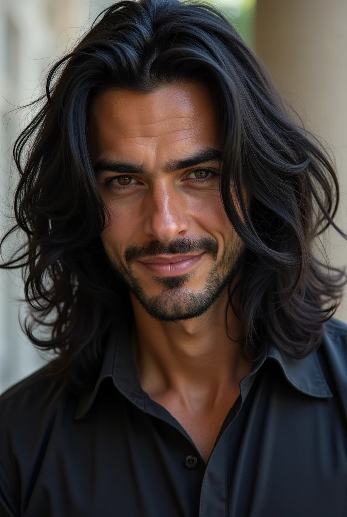 A tall man with long hair, slightly wavy and black at shoulder length. He usually keeps it untied. Its prominent features are its two sharp canine teeth., which gives him a wild attitude when he smiles.