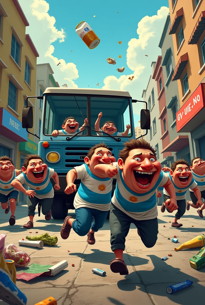Big-nosed people dressed in the Argentine flag chasing a garbage truck and eating what fell to the ground