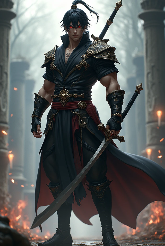 Genshin Impact Game Feature Mature man, 25 years old, black hair, red eyes, dark clothes, swordsman, 6.0 tall