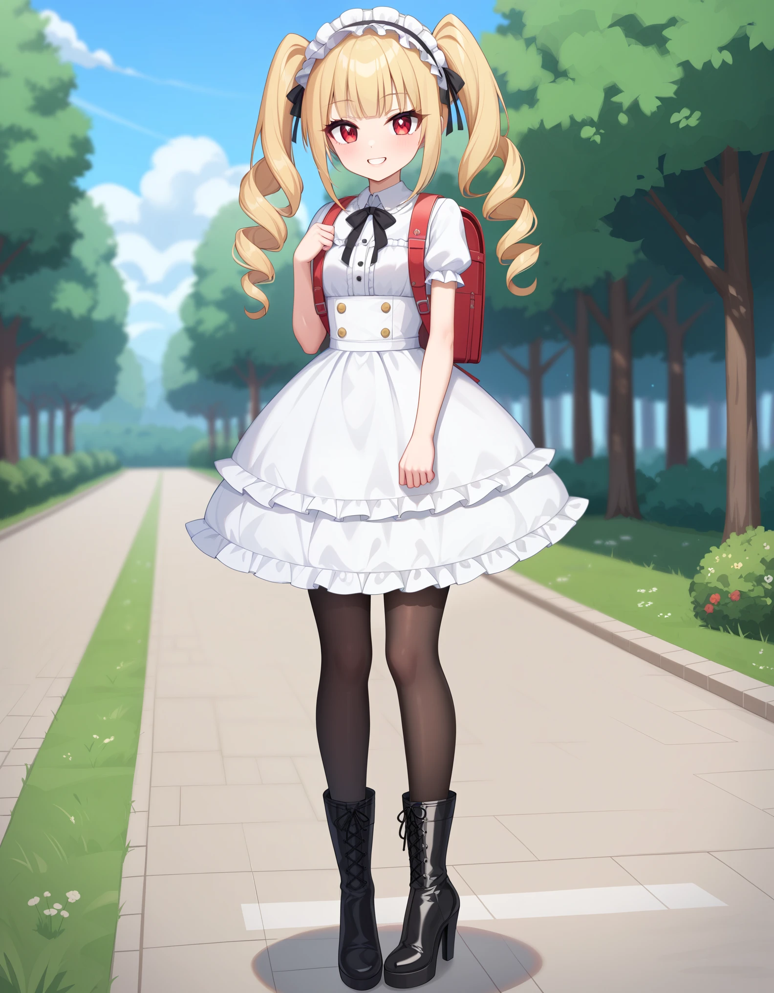 Masterpiece (solo:1.1)、(1 photo:1.1)、(Feminine and girly cute colorful frilly ta dress:1.2)、(Perfect straight twin tails:1.2)、(low length:1.1)、(Height: 140cm:1.2)、small breasts、emphasize body line、slender body、Standing gracefull、Full body photo of a woman standing gracefully、accurate anatomy、perfect makeup、long eyelashes、glossy lips、Ultra high definition glossy skin、(Ultra-high definition bright and beautiful skin:1.1)、Ultra-high definition glossy lips、Super high definition beautiful teeth, wearing red backpack, school backpack, (red backpack:1.2), Loliress, cute dress, outdoor, standing, fullbody, (fullbody:1.2), wear black pantyhose, white heeled boots, (boots:1.2)
