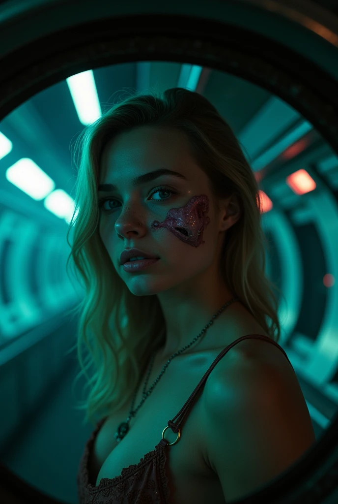 Emma Robert’s with an alien attached to her face in a scary spaceship interior, realistic, cinematic