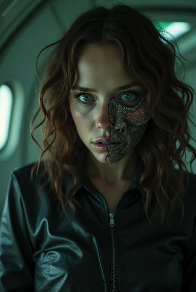 Emma Robert’s with an alien attached to her face in a scary spaceship interior, realistic, cinematic