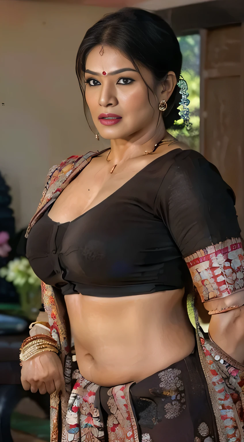 masterpiece, (((dark brown indian))), high-level image quality, depth of fields, beautiful  women, curvy body, 40years old, up of face, Fancy makeup, abs, old yet fit athletic body, big tioked saree blouse, tamil village house room, (((muscular bodybuilder, lady)))