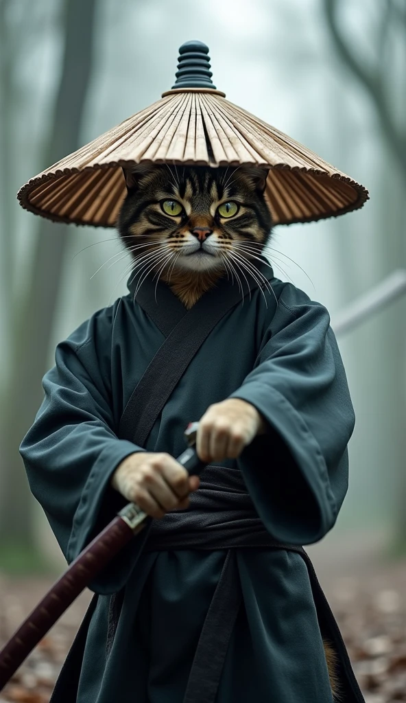Create an image of a cat standing upright in traditional East Asian attire, wearing a wide bamboo hat on the head, wielding a sword with its right paw extended forward in an assertive stance ( Close-up of the face ), set against a misty backdrop to convey an atmosphere of ancient martial arts mastery, Black