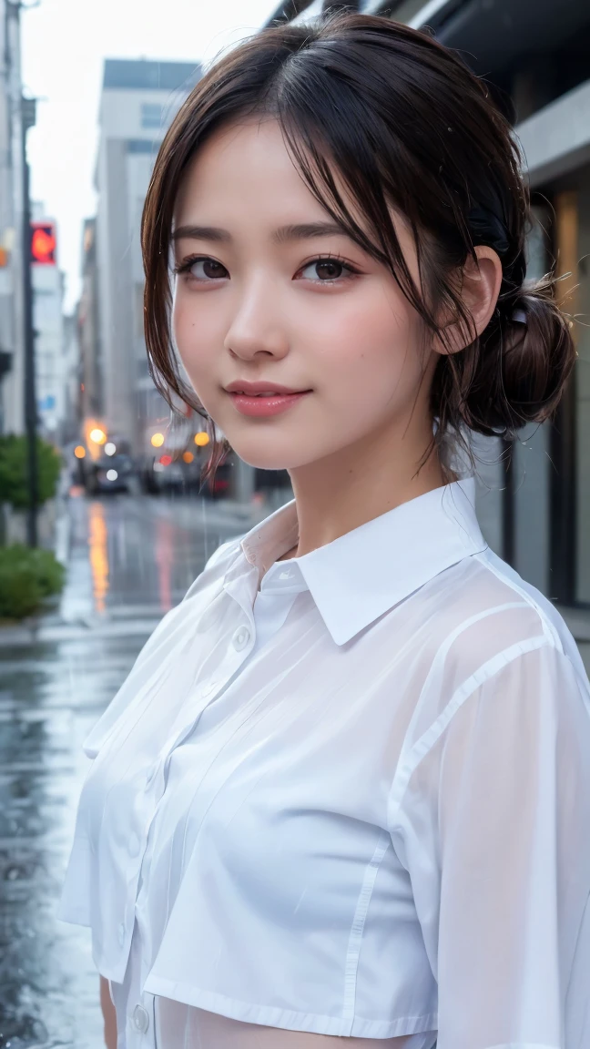 ((Highest quality, 8k, masterpiece: 1.3)), sharp: 1.2, Perfect Body Beauty: 1.4, Slim Abs: 1.2, ((Layered Hairstyles,: 1.2)), (Wet White Button Long Shirt: 1.1), (rain, street: 1.2), Wet: 1.5, Highly detailed face and skin texture, Detailed eyes, double eyelid, Profile looking at the camera、smile